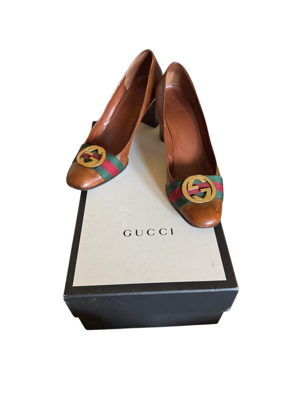 Gucci Brown Leather Pumps with Red-Green Web and Gold GG